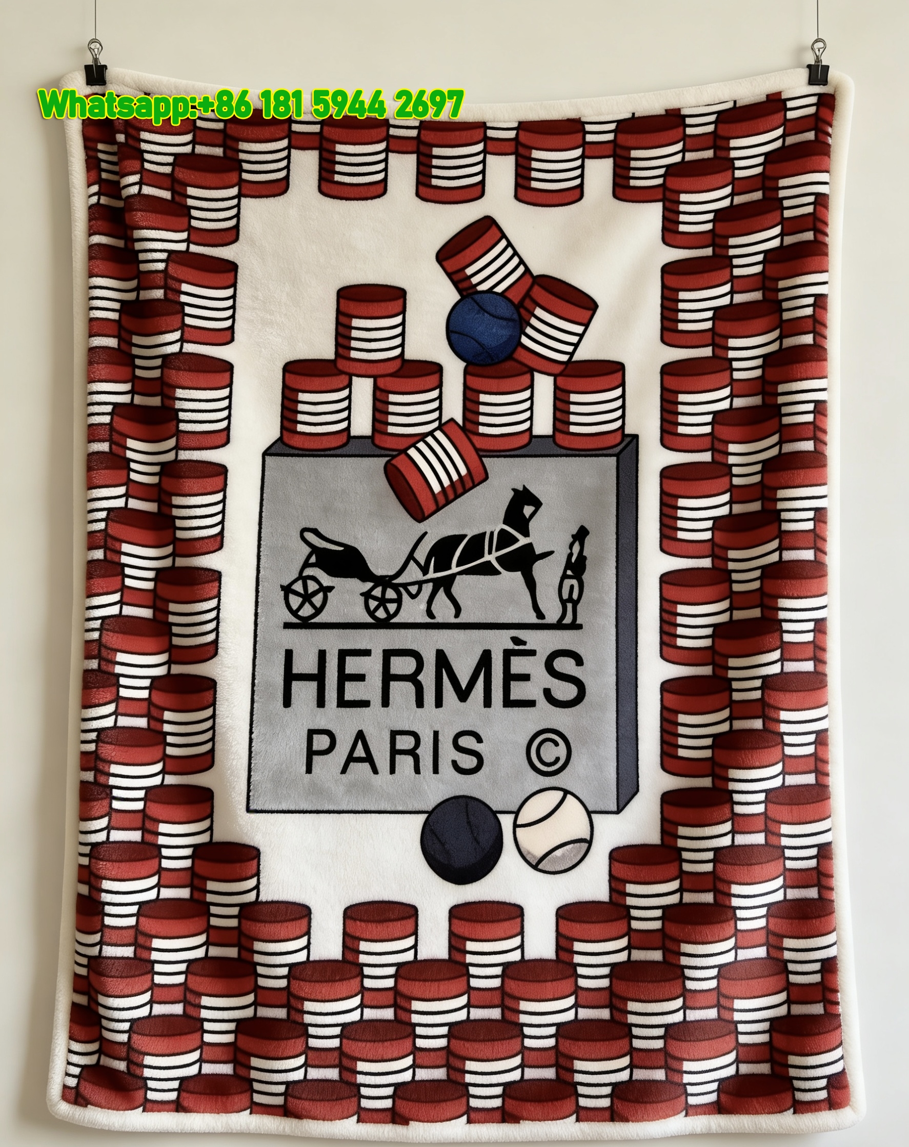 Hermès Vintage Ball Game Carriage Print Flannel Throw Blanket IMG_5093